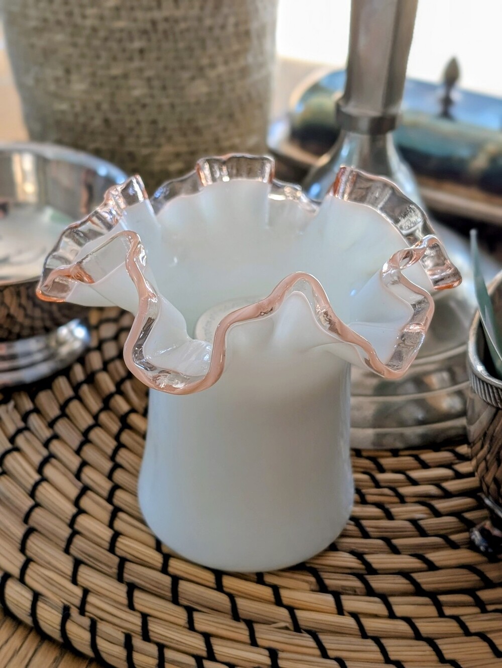 Fenton Glass Co. c1944 White Milk Glass Top Hat Vase with Pink Ruffled trim